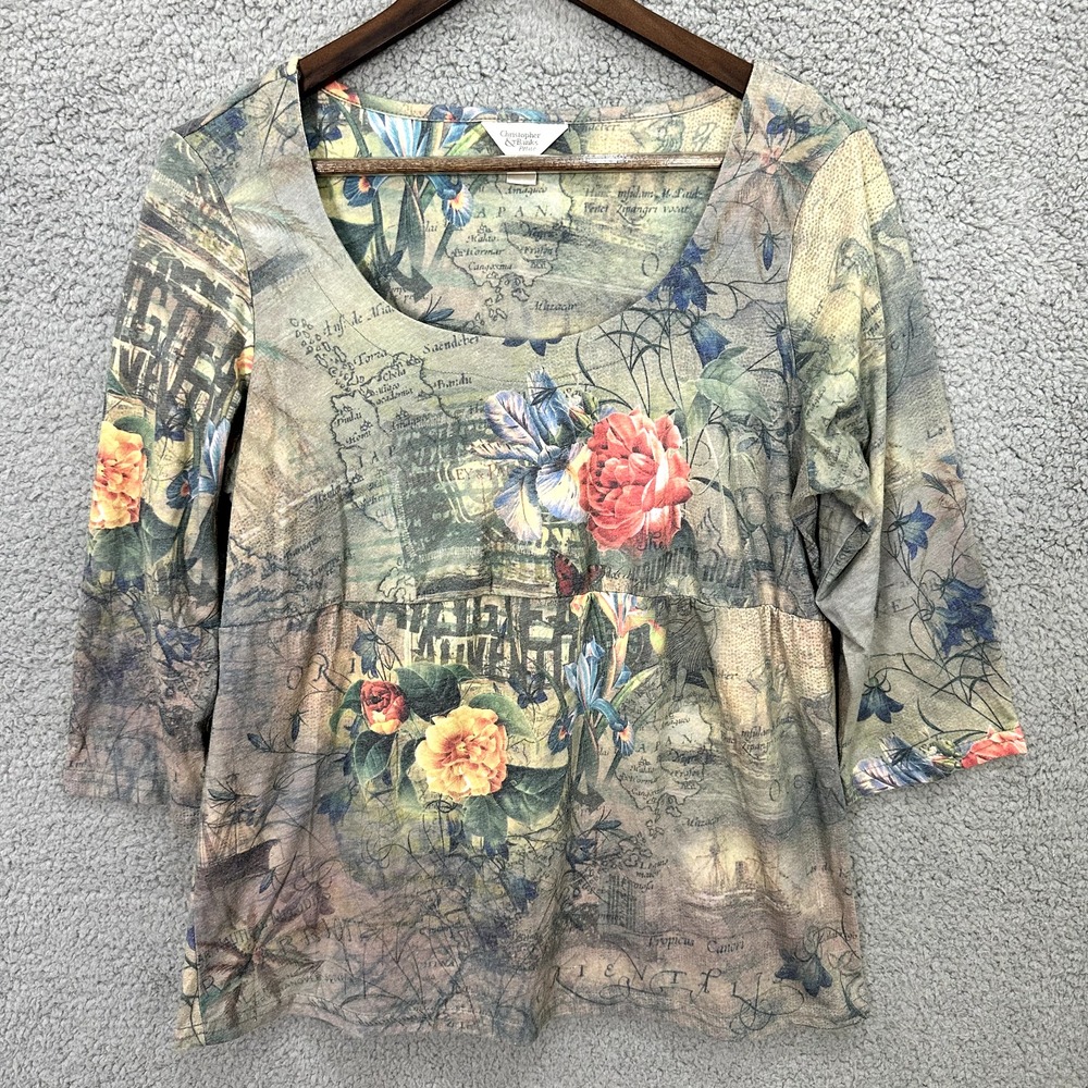 Christopher & Banks Top LP Map Floral Print Artsy Scoop Neck Travel Romantic Y2K